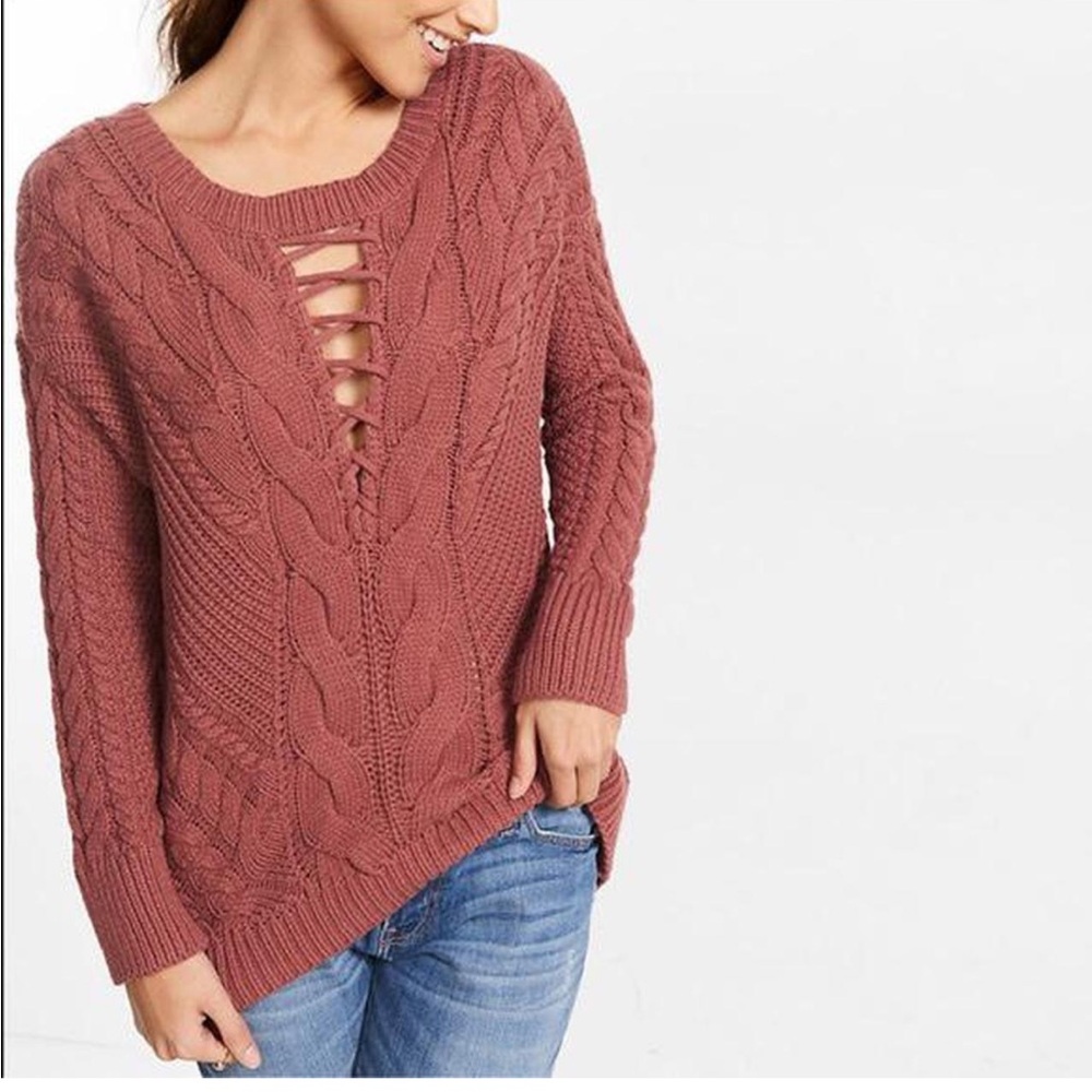 Love Change Italian Maeve/Pink Cable Knit Sweater with Lace Up Insert. Large.